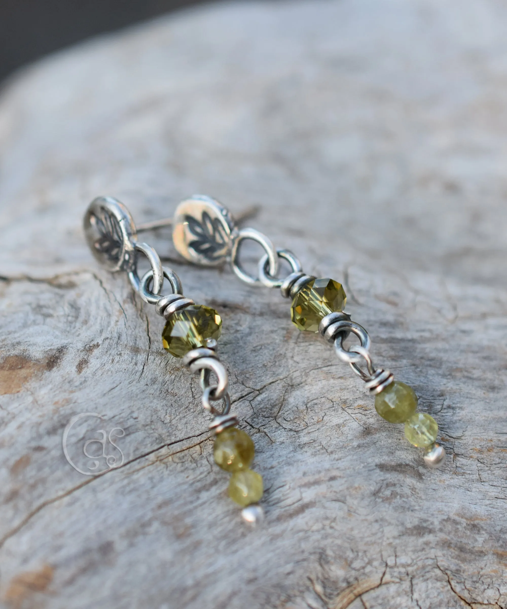 Leaf Post Earrings Green Garnet Gemstone Dangles Botanical Olive Green Earrings