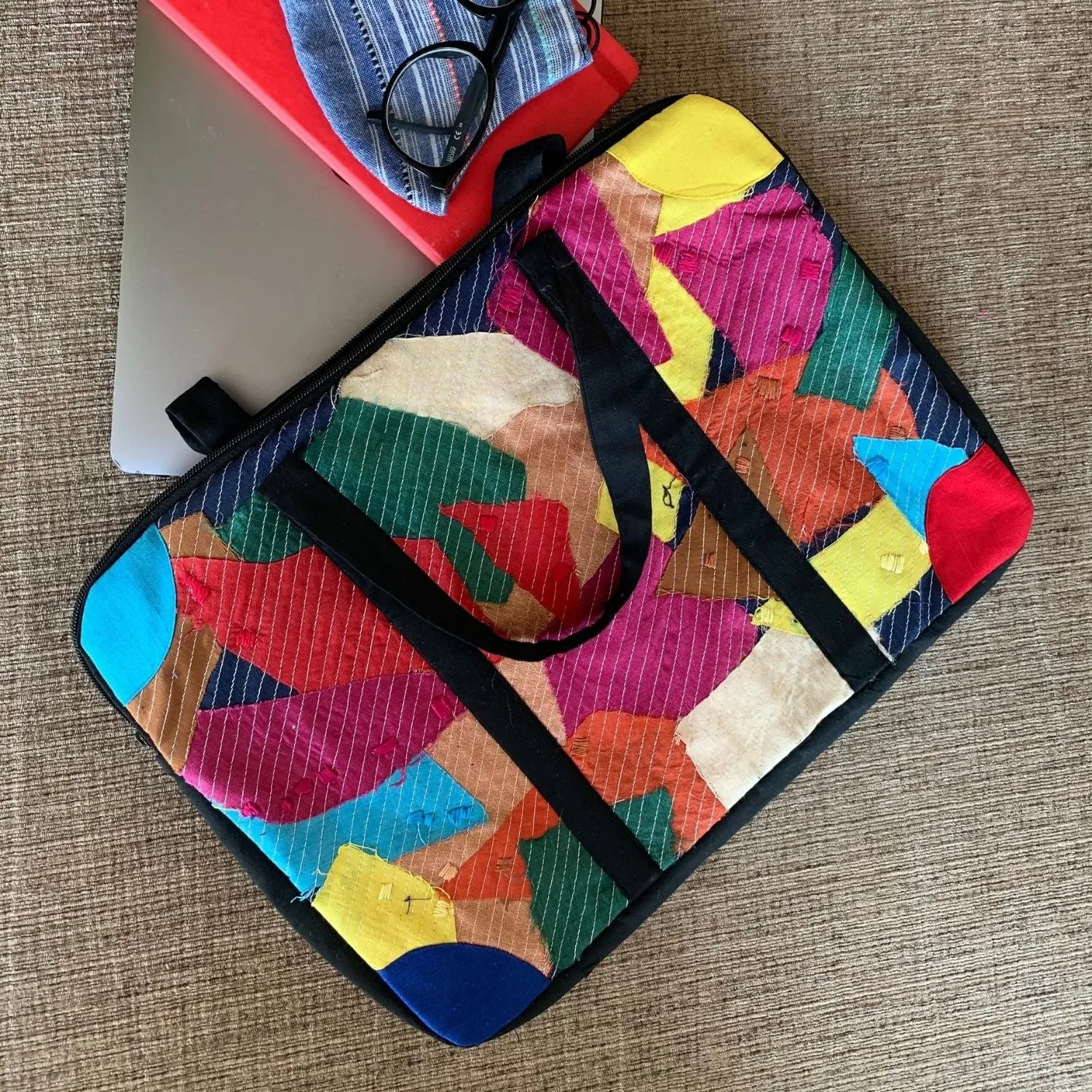 Vibrant Charm Silk Patchwork Laptop Bag Sleeve | Multi Colour | 15 Inches