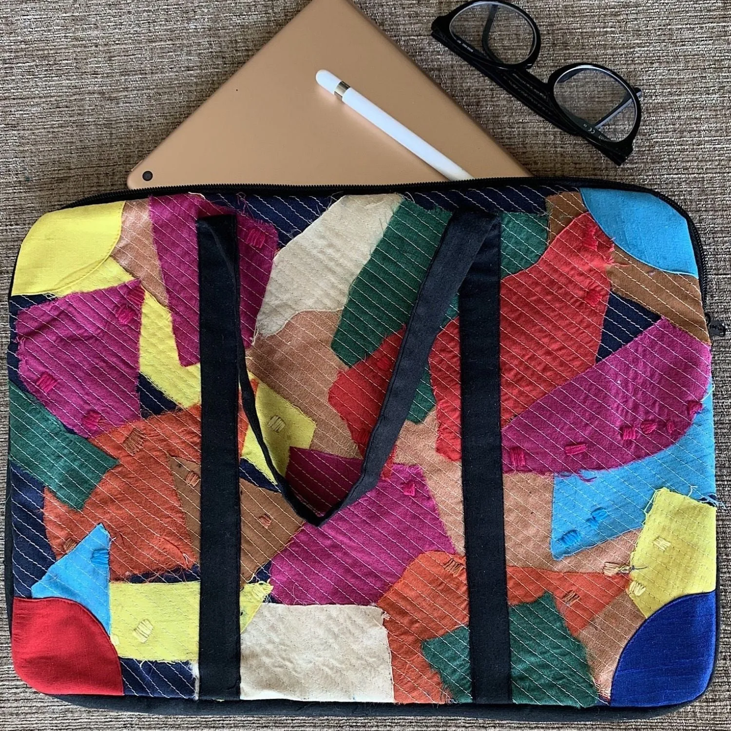 Vibrant Charm Silk Patchwork Laptop Bag Sleeve | Multi Colour | 15 Inches