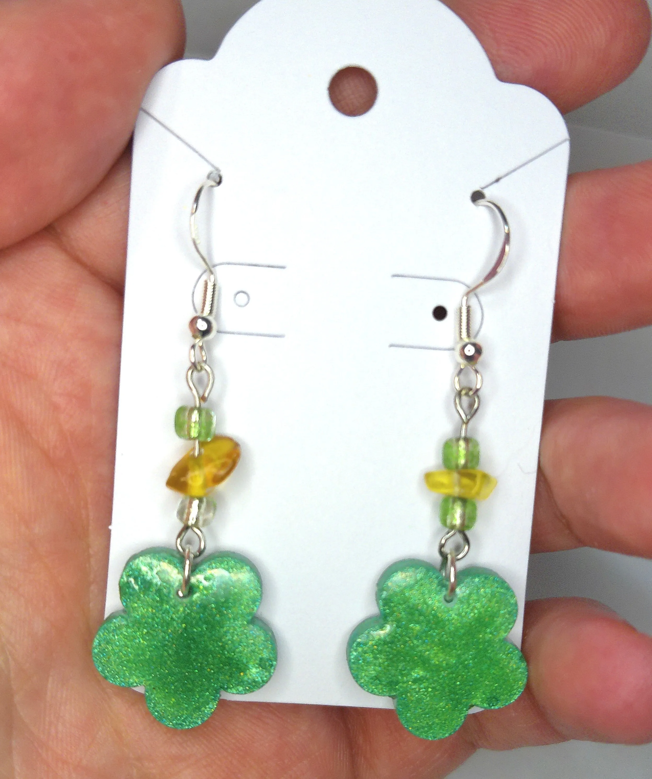 Yellow and Green Beaded Dangle Earrings with Green Flower