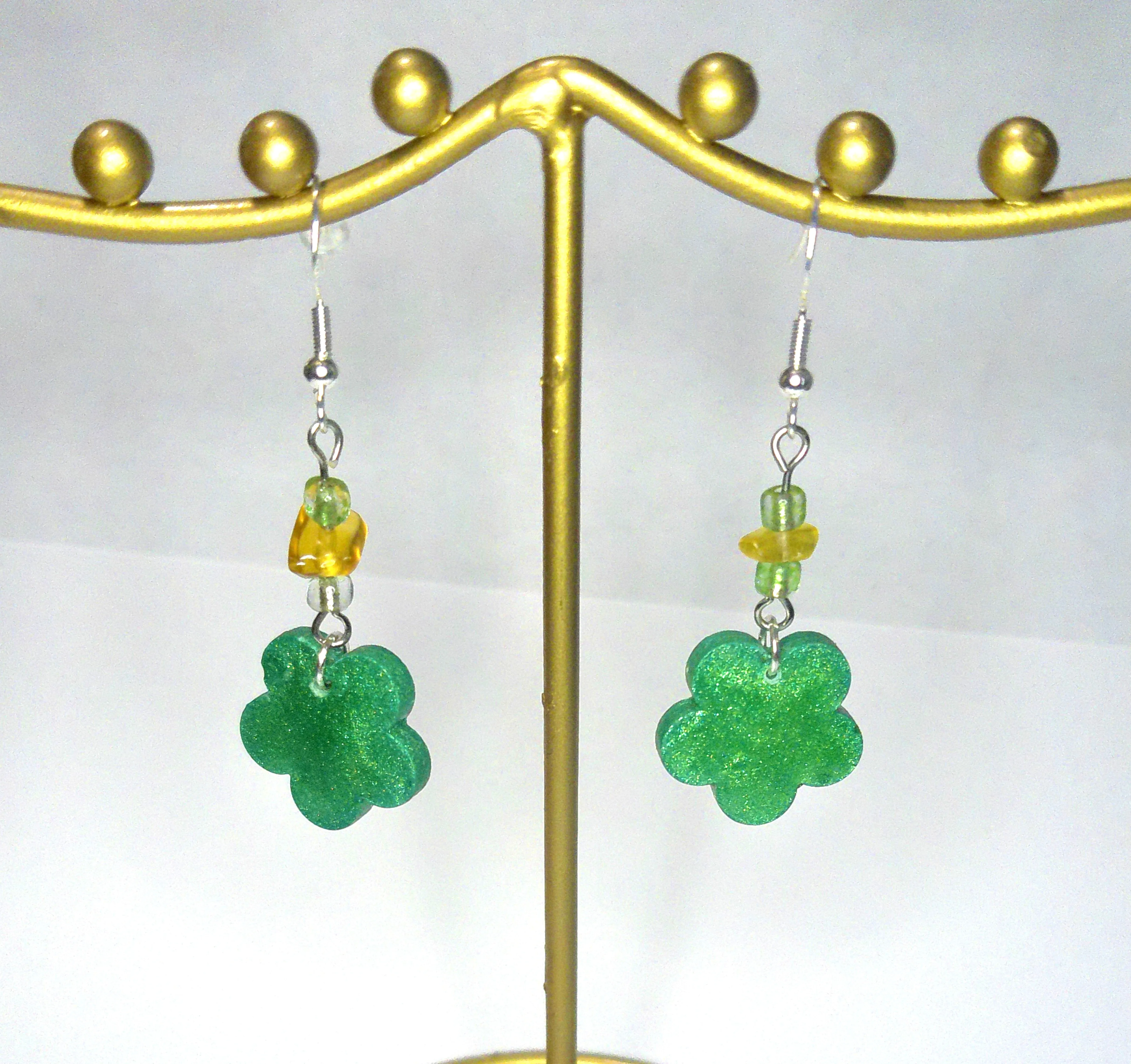 Yellow and Green Beaded Dangle Earrings with Green Flower