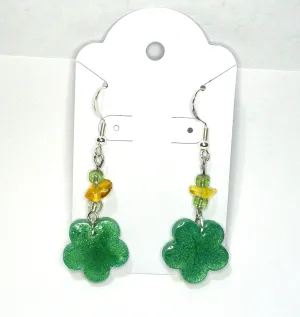 Yellow and Green Beaded Dangle Earrings with Green Flower